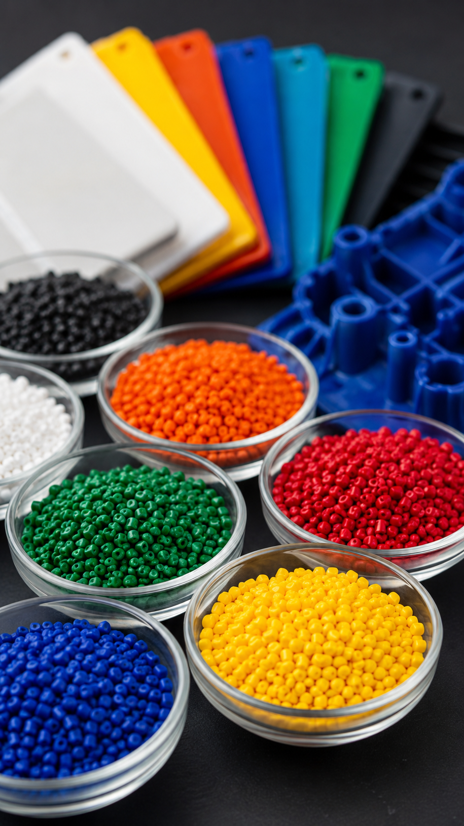 ChatGPT Image Jun 30, 2026, 11_34_32 AM Custom plastic colorants and resin pellets used to create consistent colors for injection molded parts.